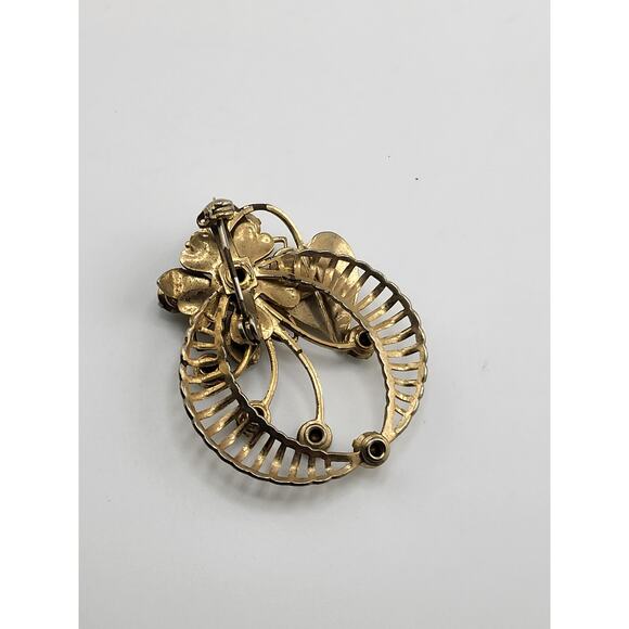 Vintage Blue Rhinestone Flower Heart Brooch Gold Tone Mid Century - Picture 4 of 6